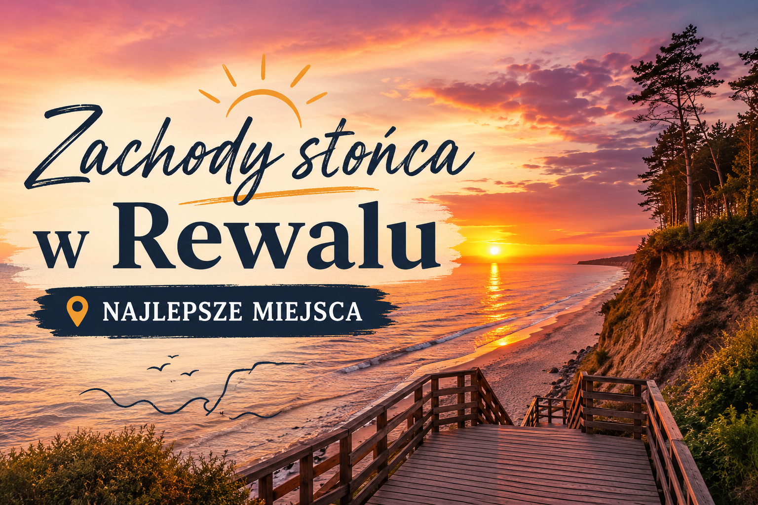 Zachód słońca nad morzem w Rewalu z drewnianymi schodami i klifem porośniętym drzewami